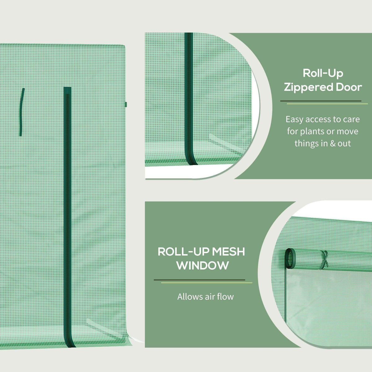 Green PE mesh greenhouse detail with roll-up zippered door and roll-up mesh window
