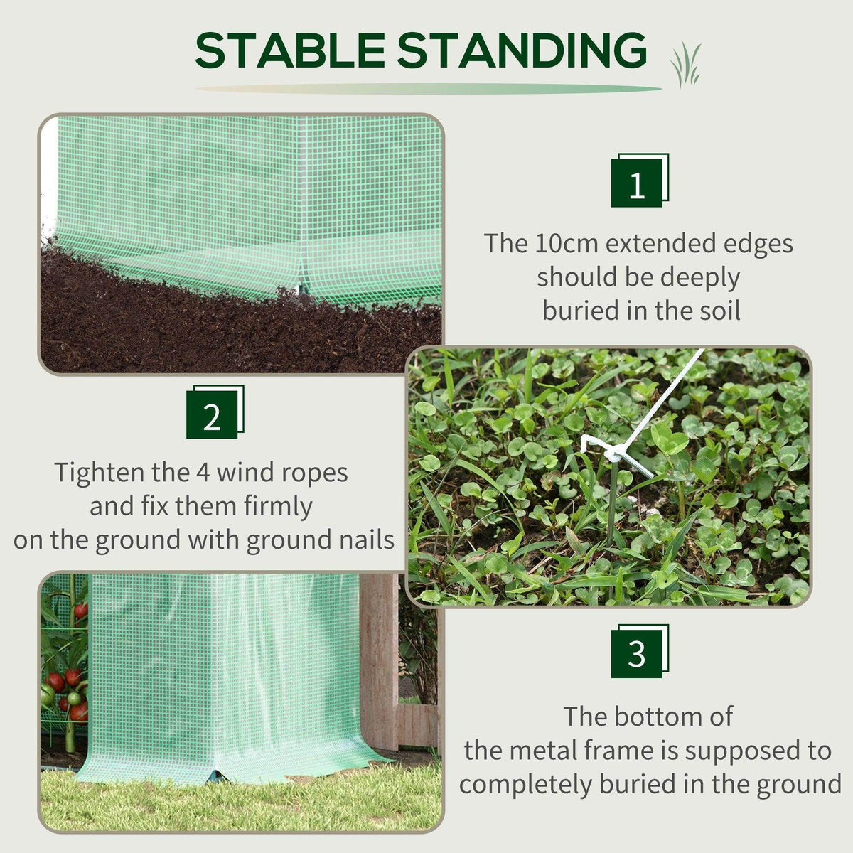 Green PE mesh greenhouse cover with extended bottom edges and ground anchoring shown
