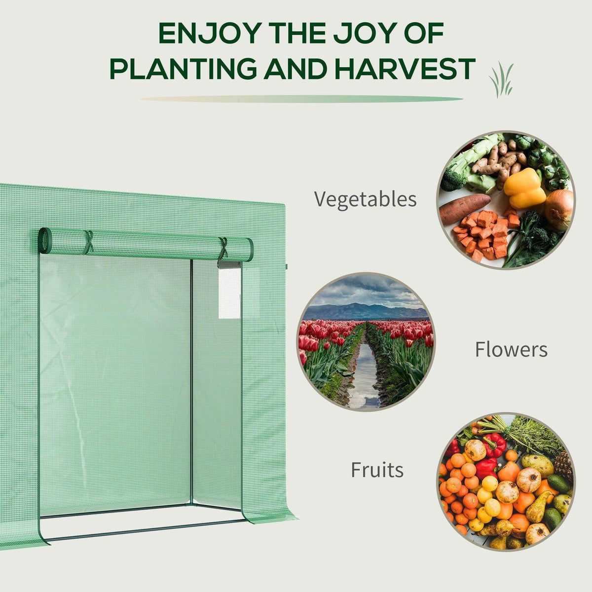 Green PE mesh greenhouse tent with front frame and side panels, garden-use diagram
