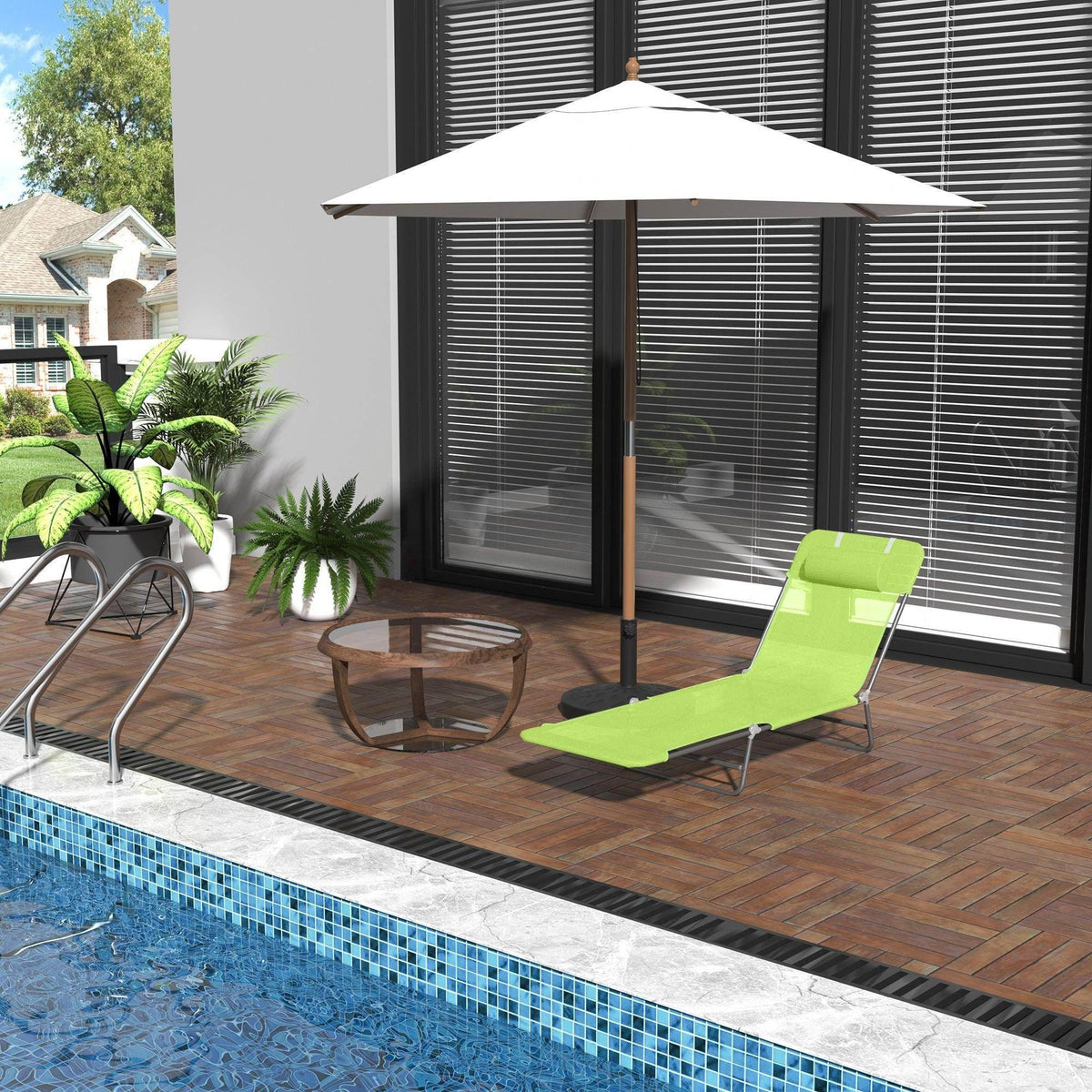 Lime green poolside lounge chair with white patio umbrella on wooden deck near swimming pool