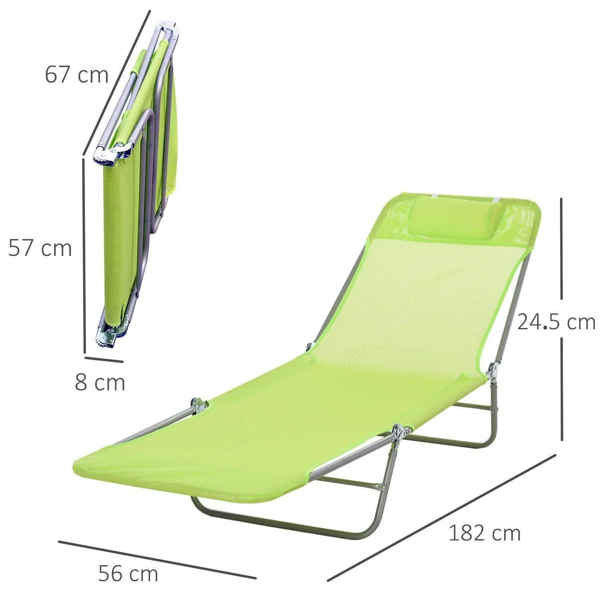 Lime green foldable lounge chair with dimensions, ideal for garden or patio relaxation