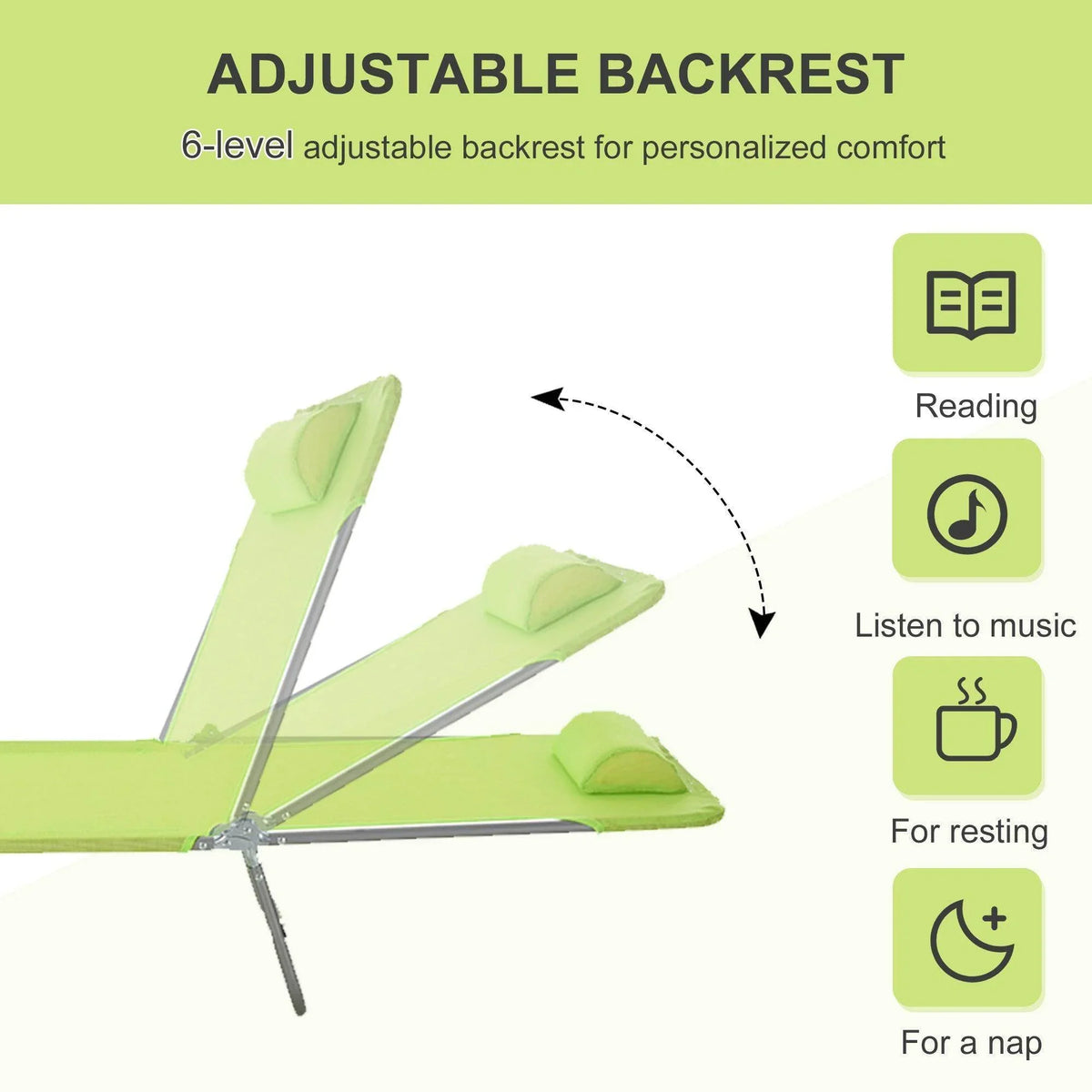 Green adjustable backrest lounge chair for reading, music, resting, or napping with 6-level recline