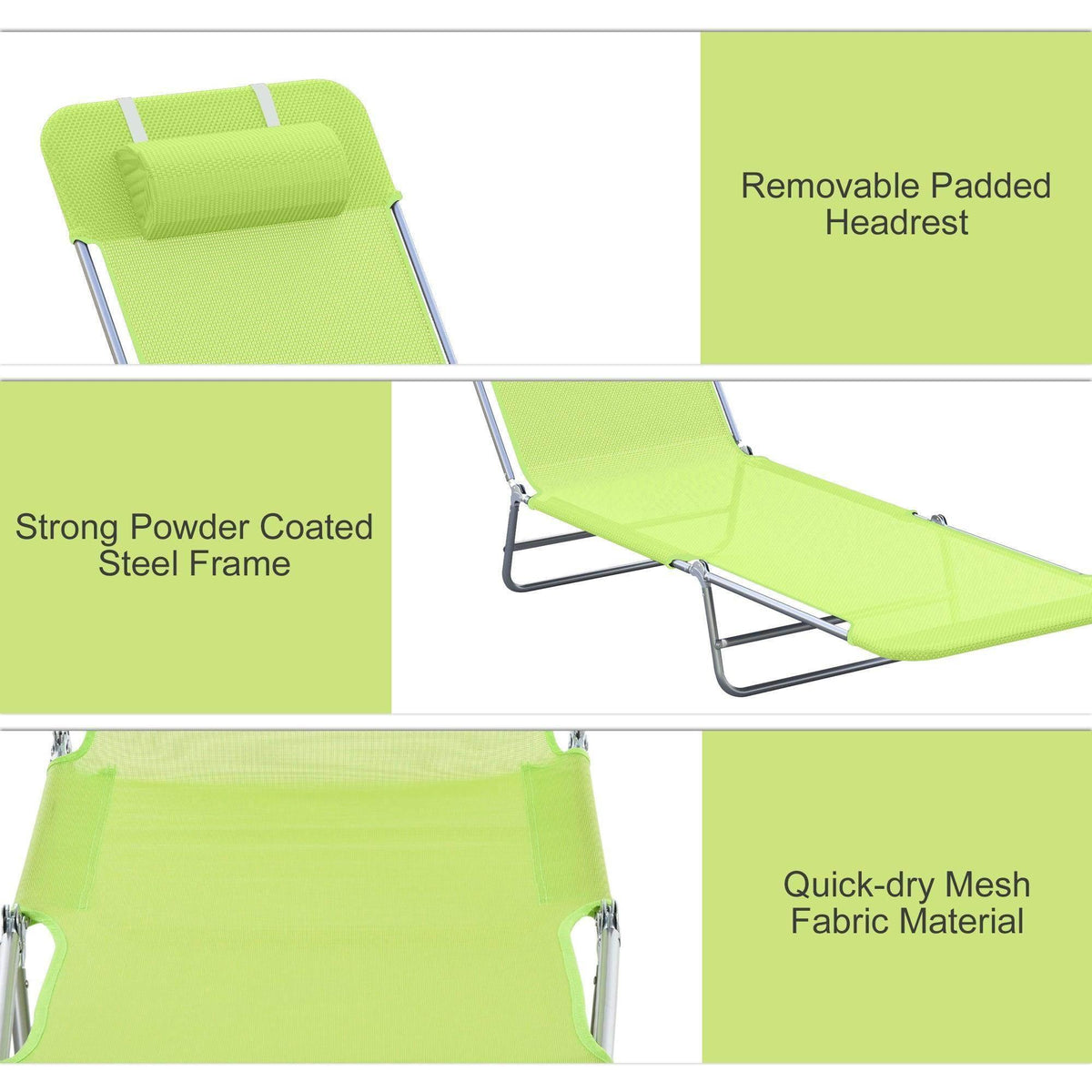 Lime green mesh lounge chair with padded headrest, powder-coated steel frame, quick-dry fabric for outdoor use