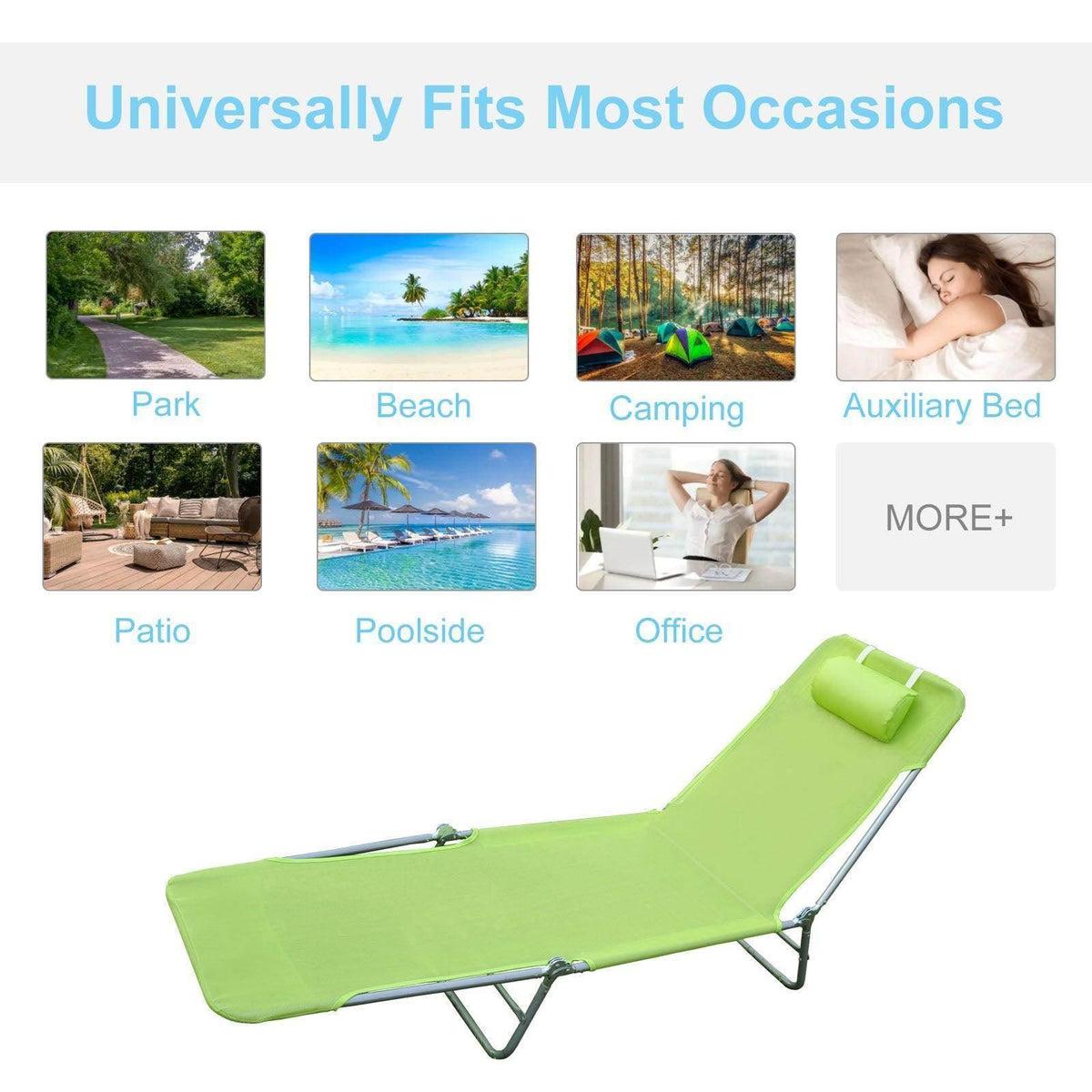 Lime green portable lounge chair for beach, poolside, camping, patio, office, or as auxiliary bed