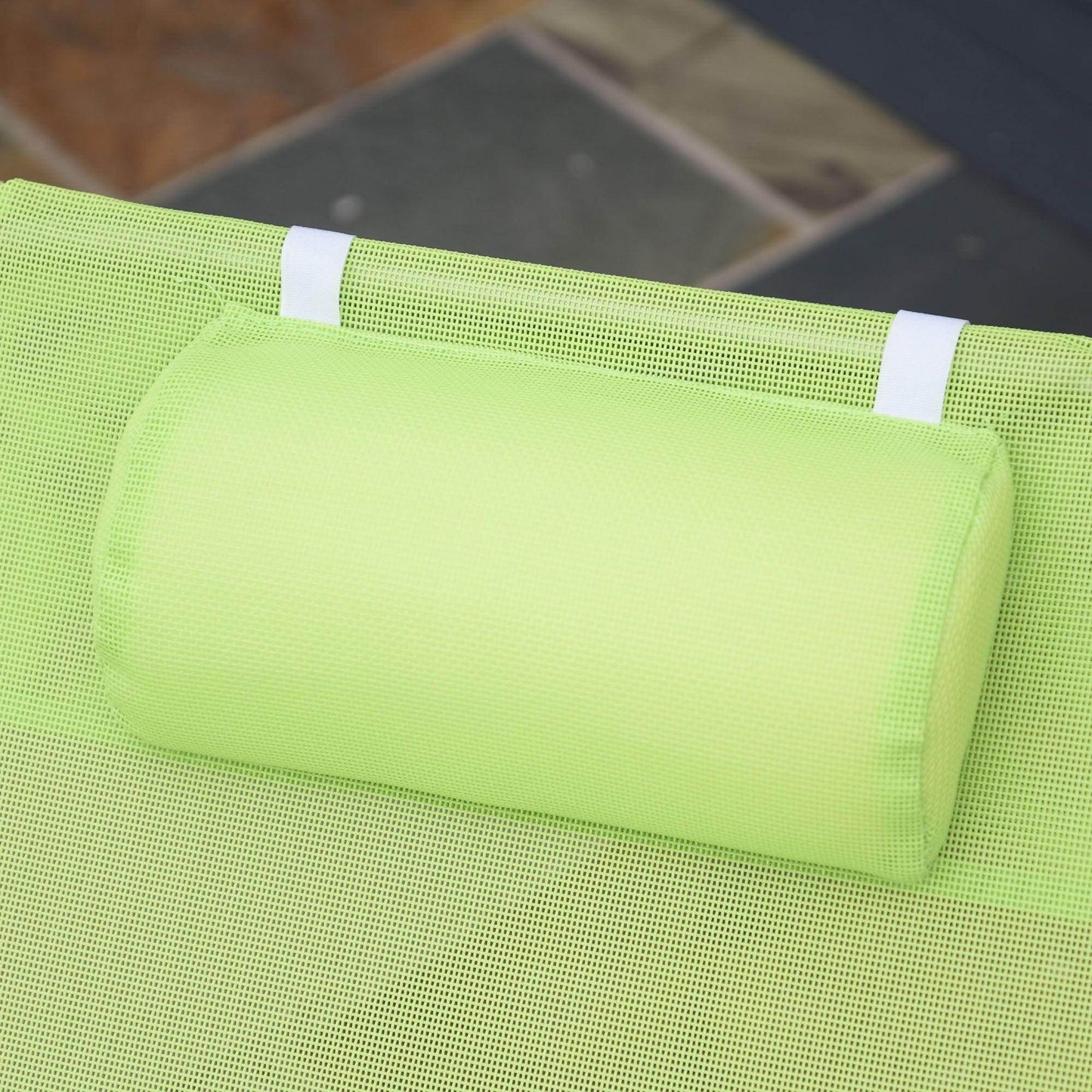 Close-up of green mesh outdoor garden lounger recliner pillow with white straps by ALL4U Retailer