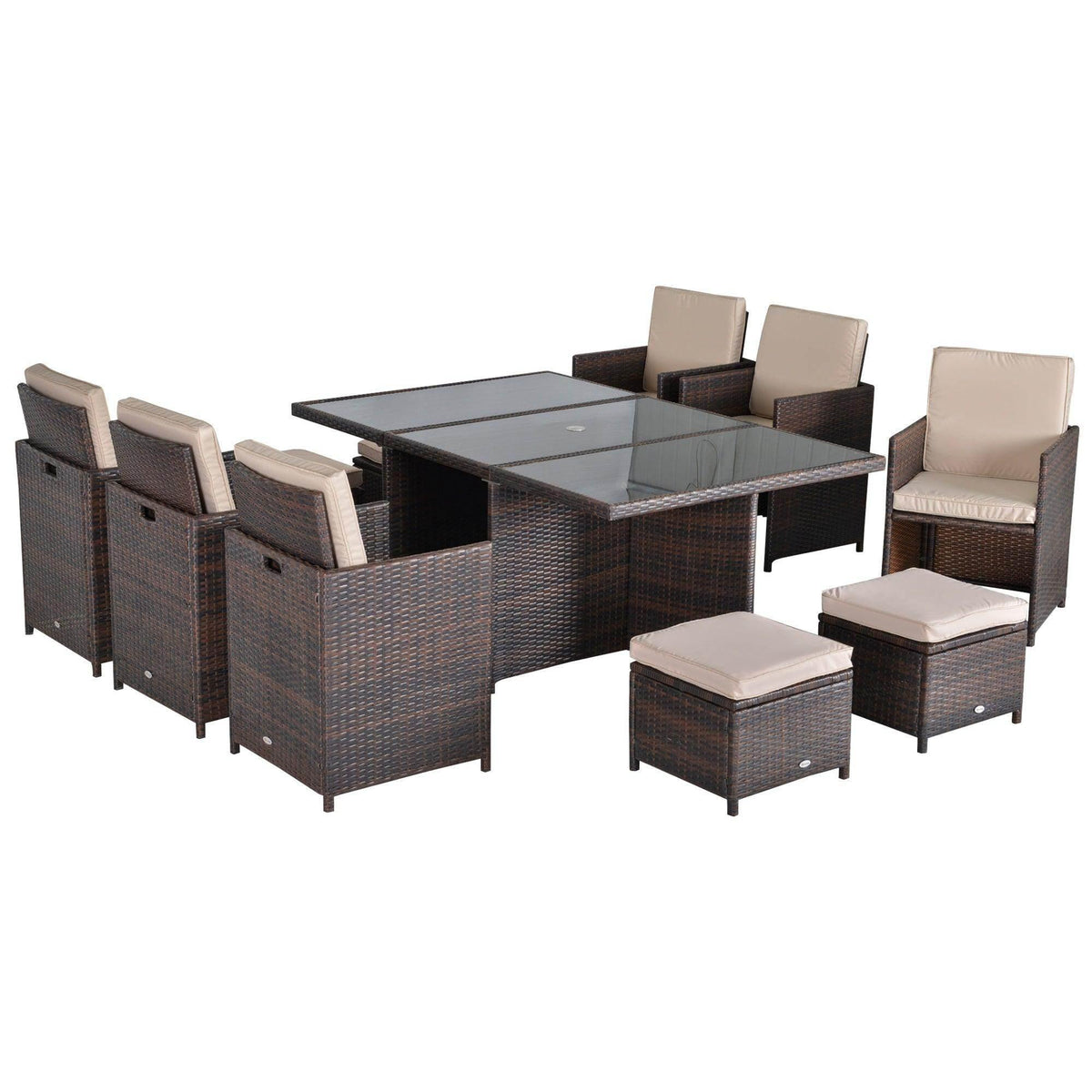 Brown cube patio dining set with glass table, 10 seats, and beige seat cushions