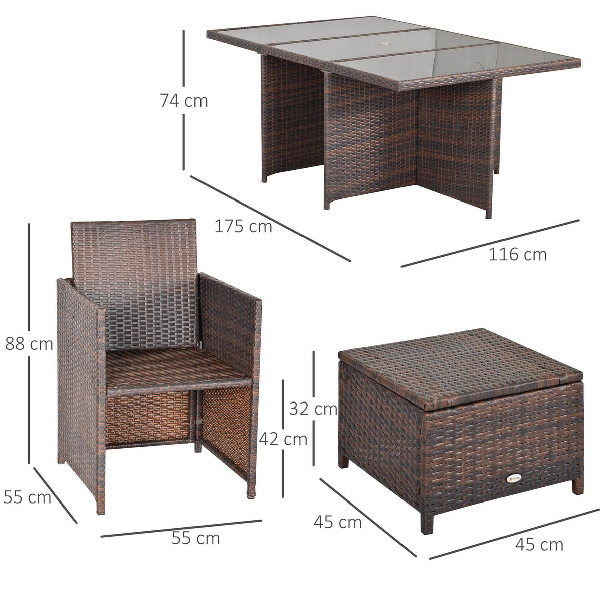 Brown cube dining table with clear glass top, plus armchairs and padded ottoman, side view