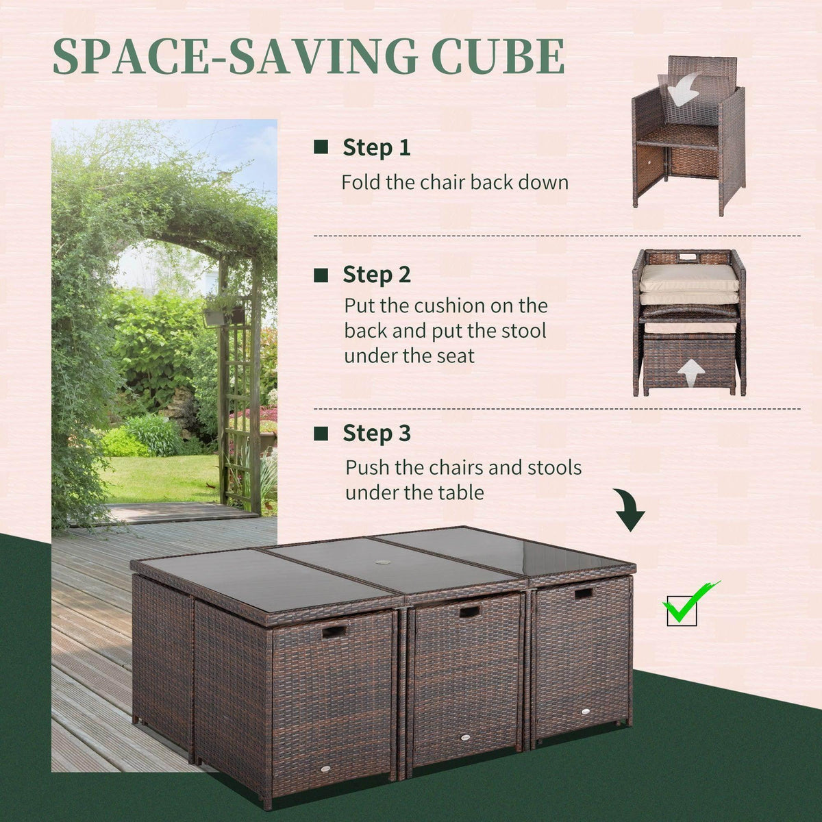 Brown cube patio dining table with black glass top and storage bench design