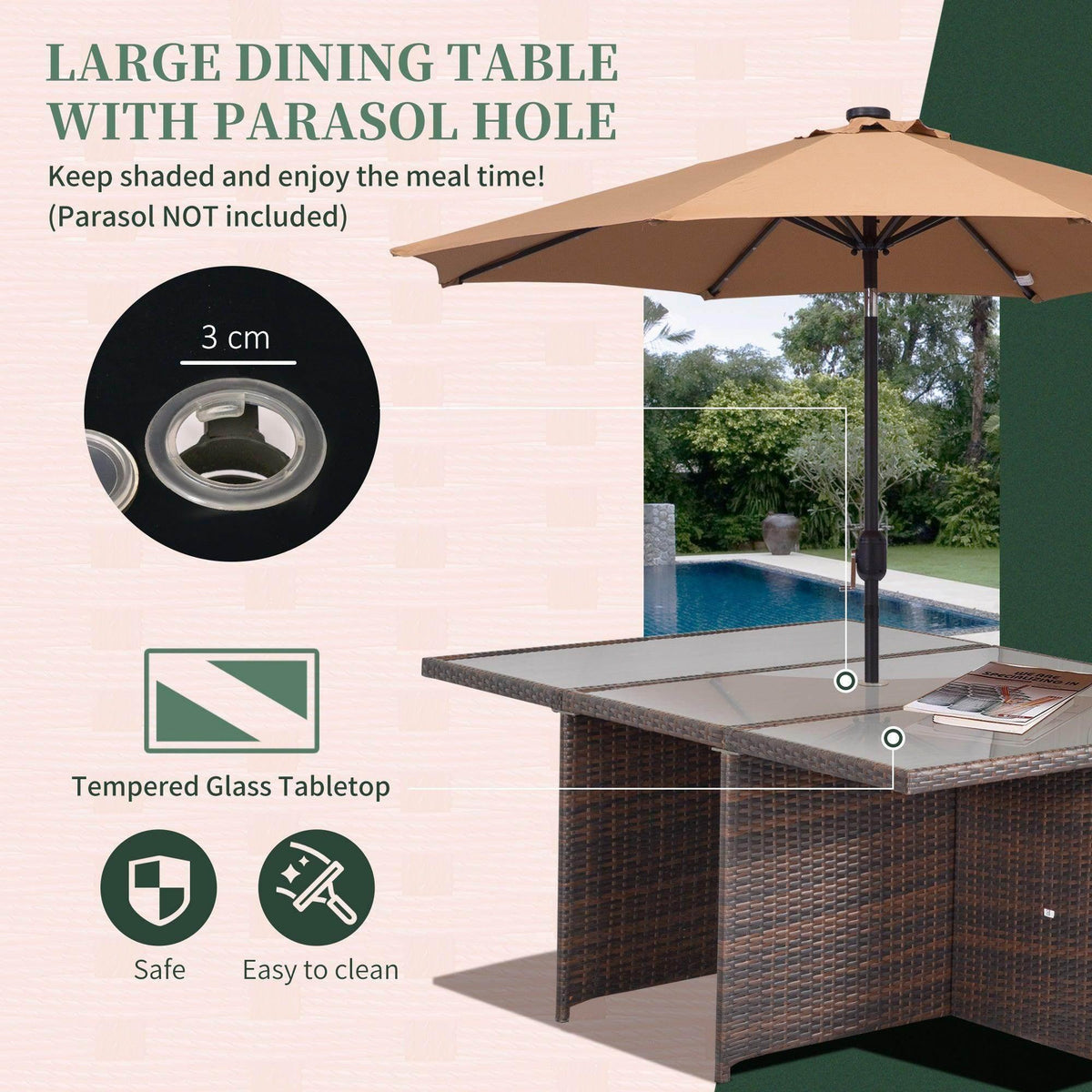 Brown cube dining table with clear glass top and parasol hole, shown with woven base