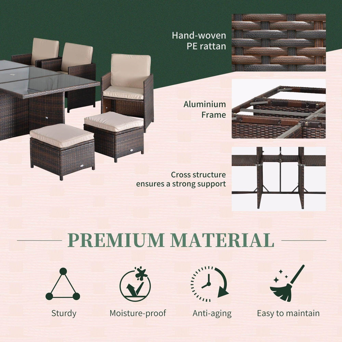 Brown PE rattan cube dining set with beige cushions; aluminum frame and weave detail