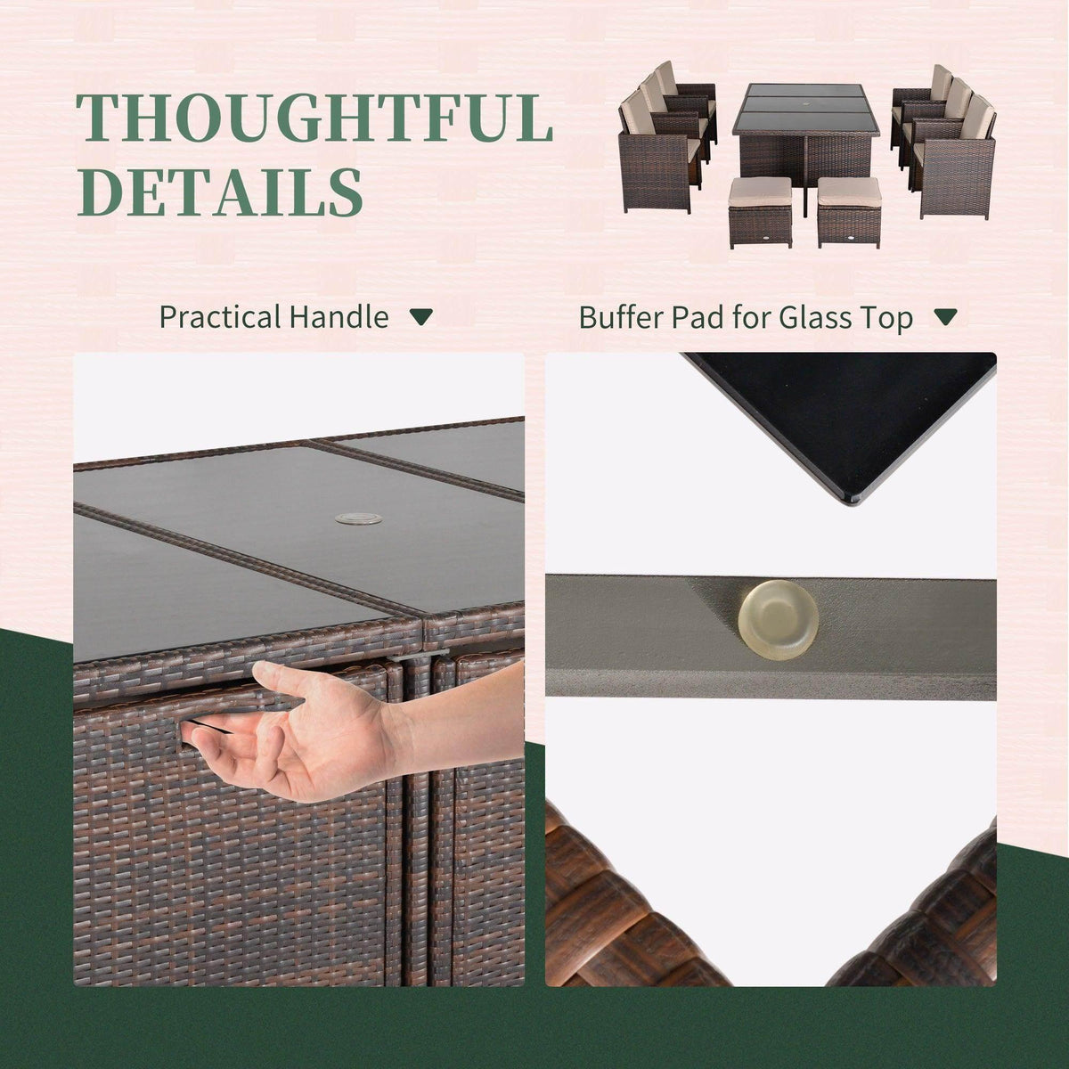 Brown cube dining set detail: practical handle and cushioned buffer pad for glass top