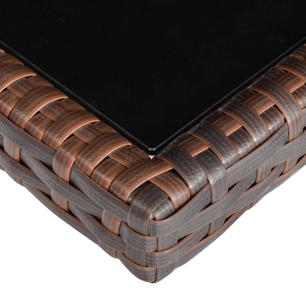 Brown woven rattan corner with black glass tabletop edge and sturdy corner trim