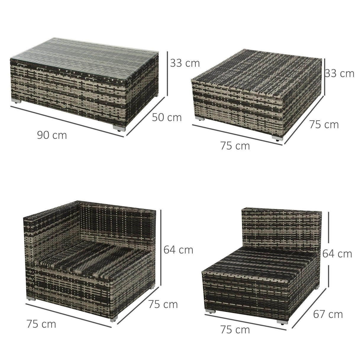 Stacked rattan coffee table and corner sofa set with gray cushion tops, with dimensions