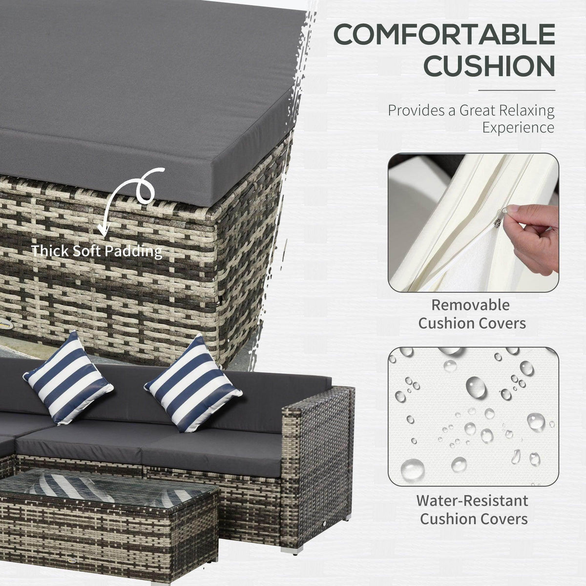 Corner rattan sofa with thick gray cushion, striped pillows, and water-resistant cushion covers