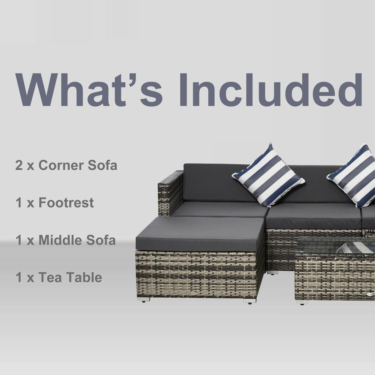 Rattan garden sofa set with gray cushions, striped pillows, and included tea table