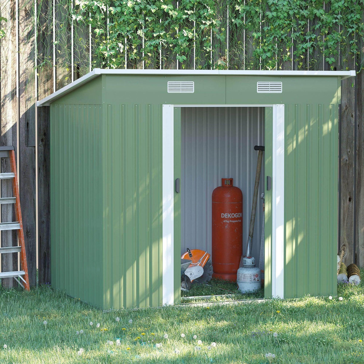 Light green compact metal garden shed with open doorway and two vent panels