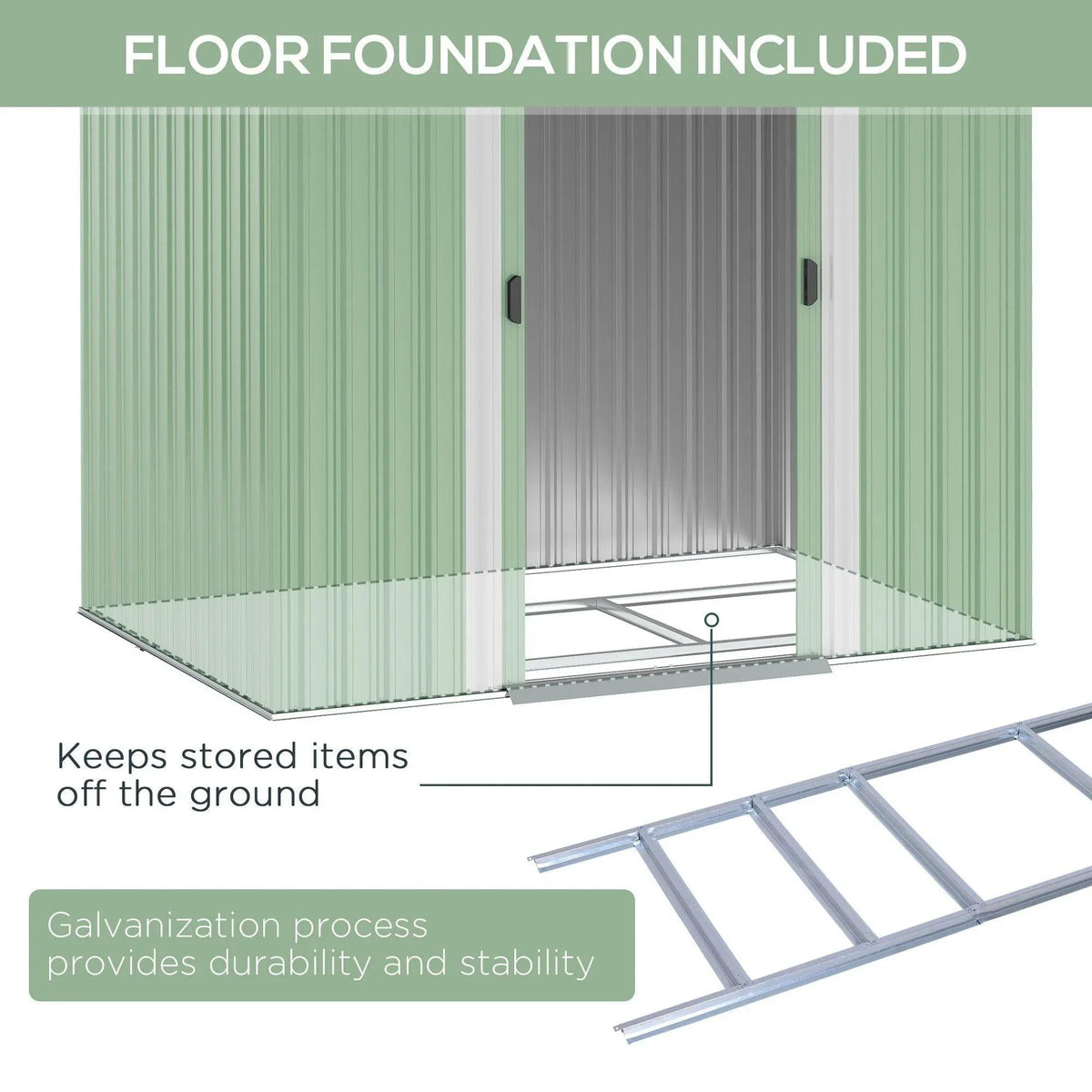 Compact metal shed interior base with floor foundation platform