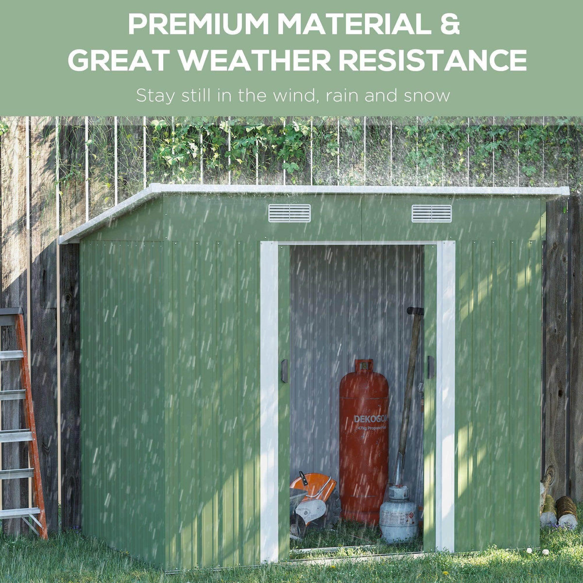 Light green compact garden shed exterior with open front doorway and vents