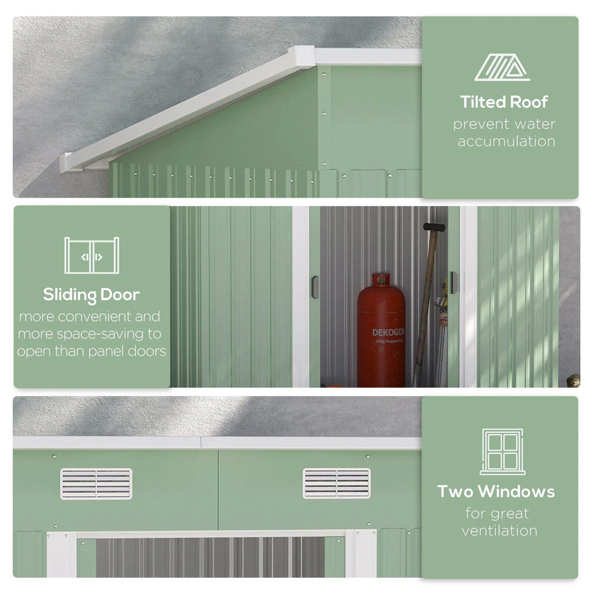 Compact shed features: tilted roof, sliding door, and two side windows