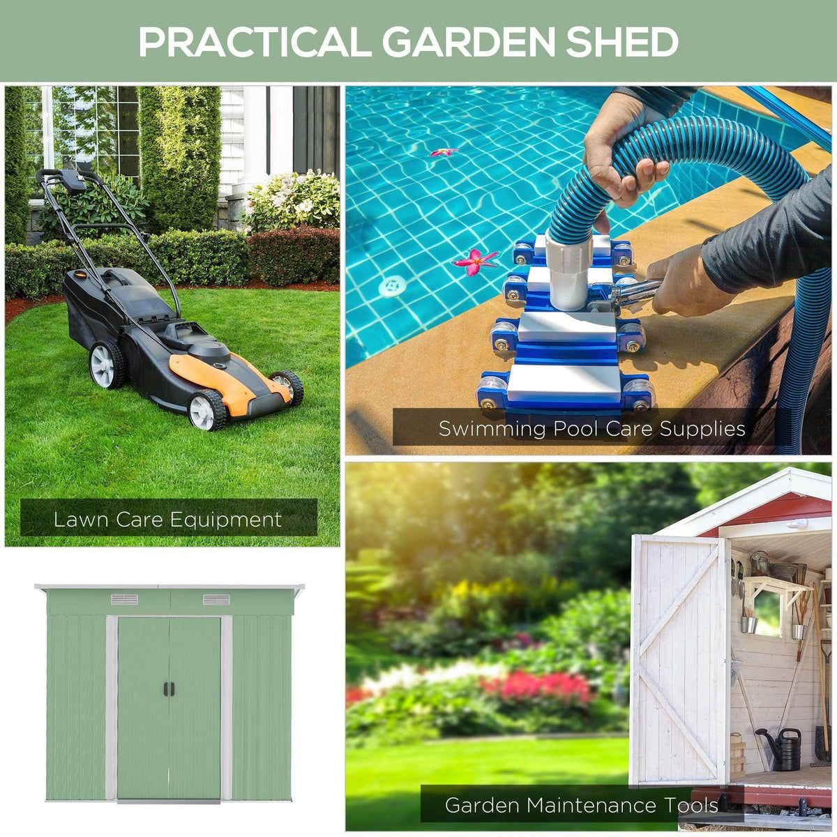 Light green compact garden shed with double doors, shown outdoors