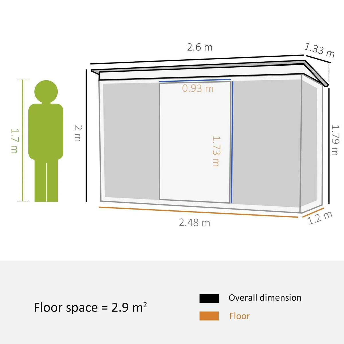 Garden shed size diagram with measurements and floor space