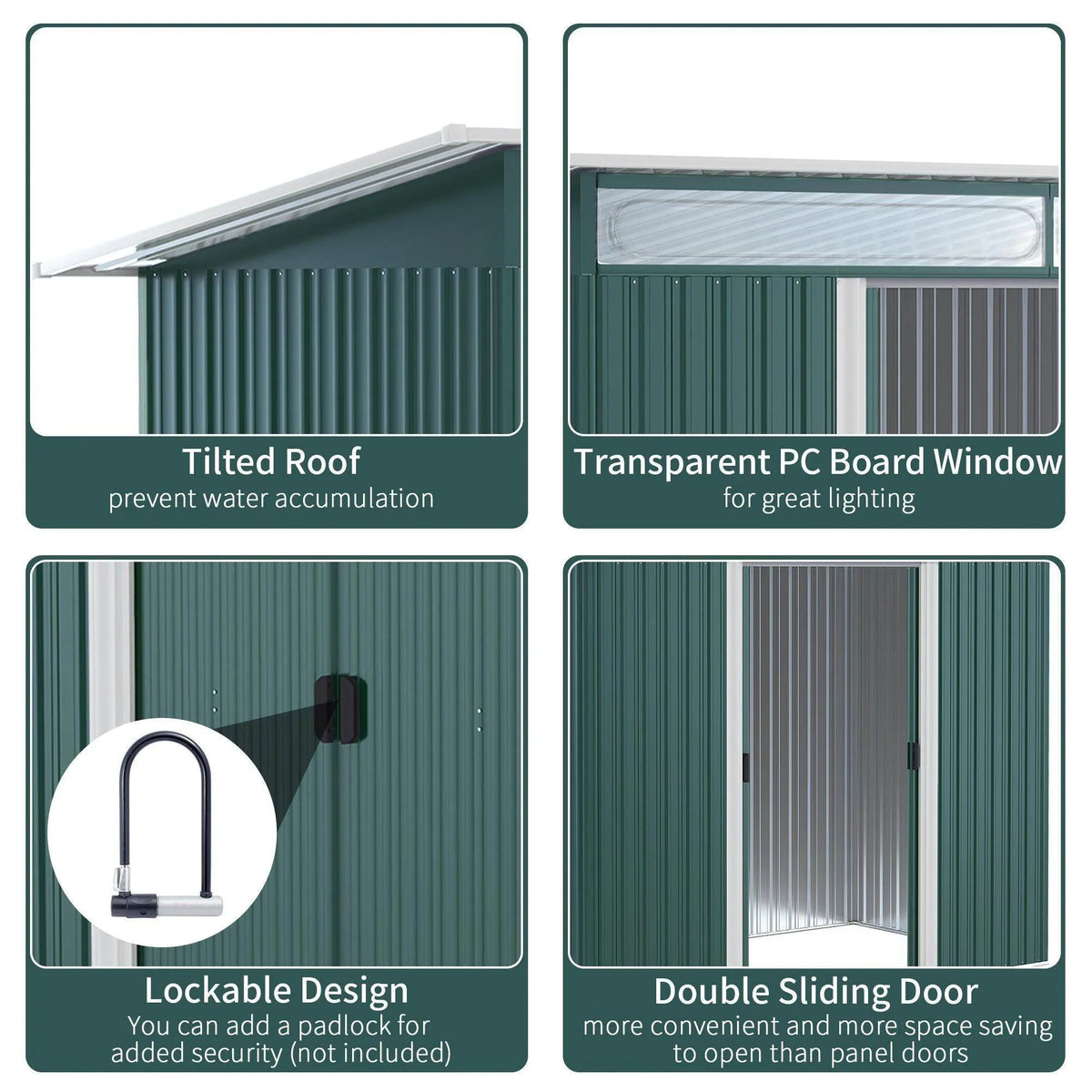 Tilted roof, clear PC window, lockable latch, double sliding door feature view