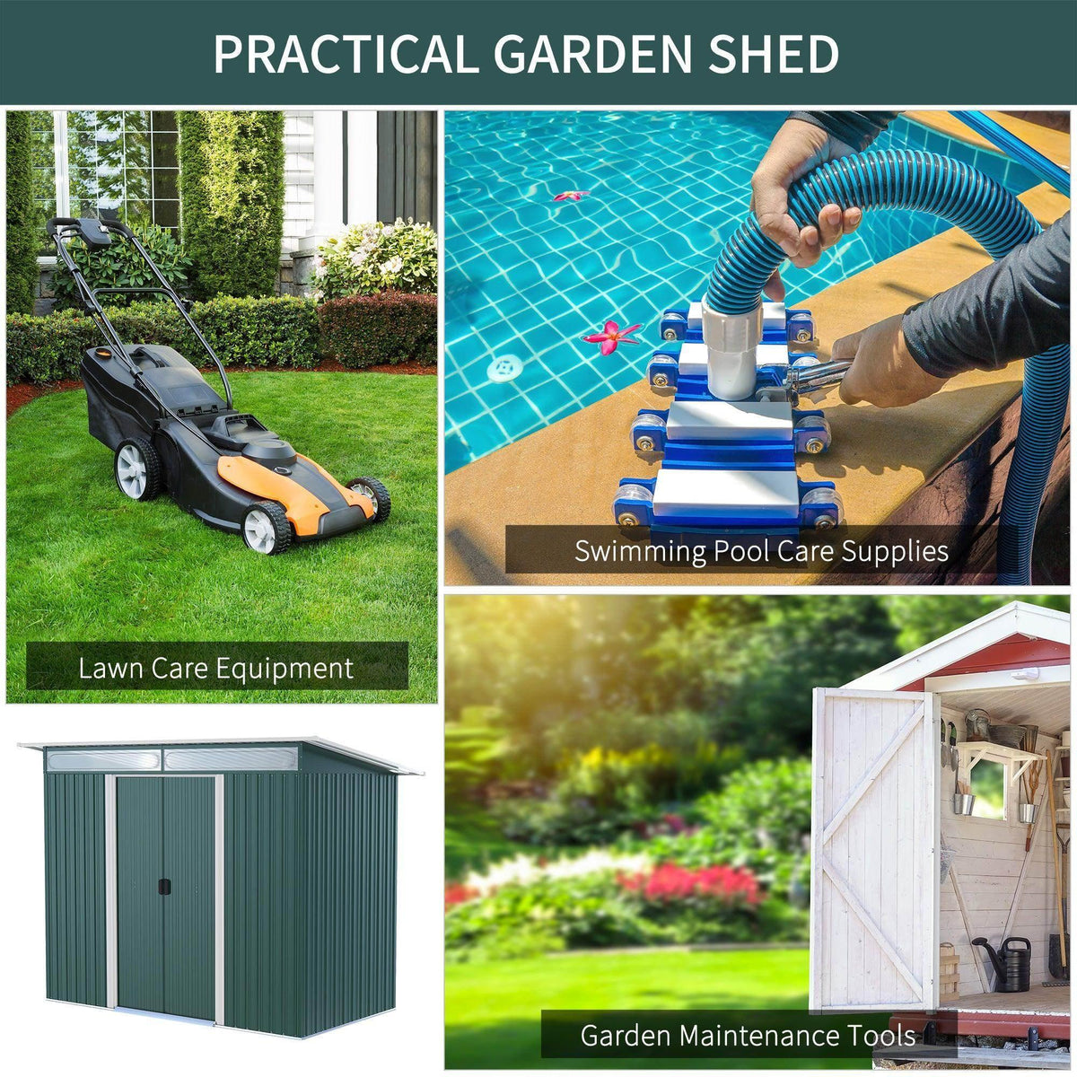 Green metal garden shed with double sliding doors, outdoor display
