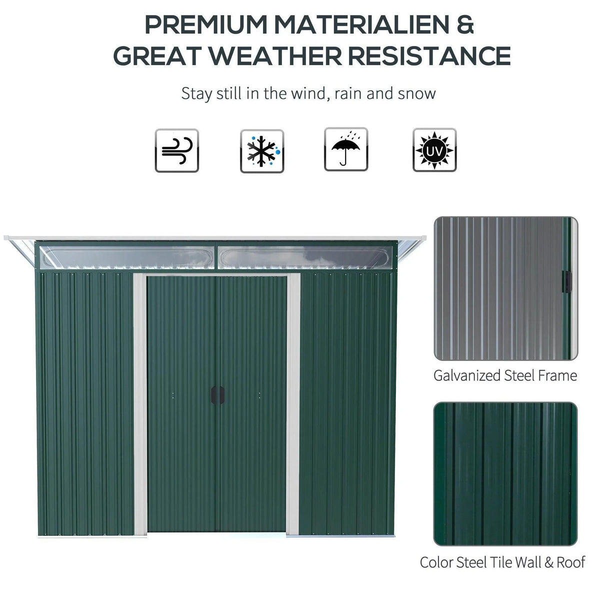 Green metal garden shed with double sliding doors and roof window panel