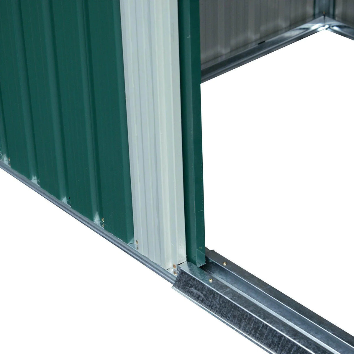 Metal base rail and corner frame of green garden shed
