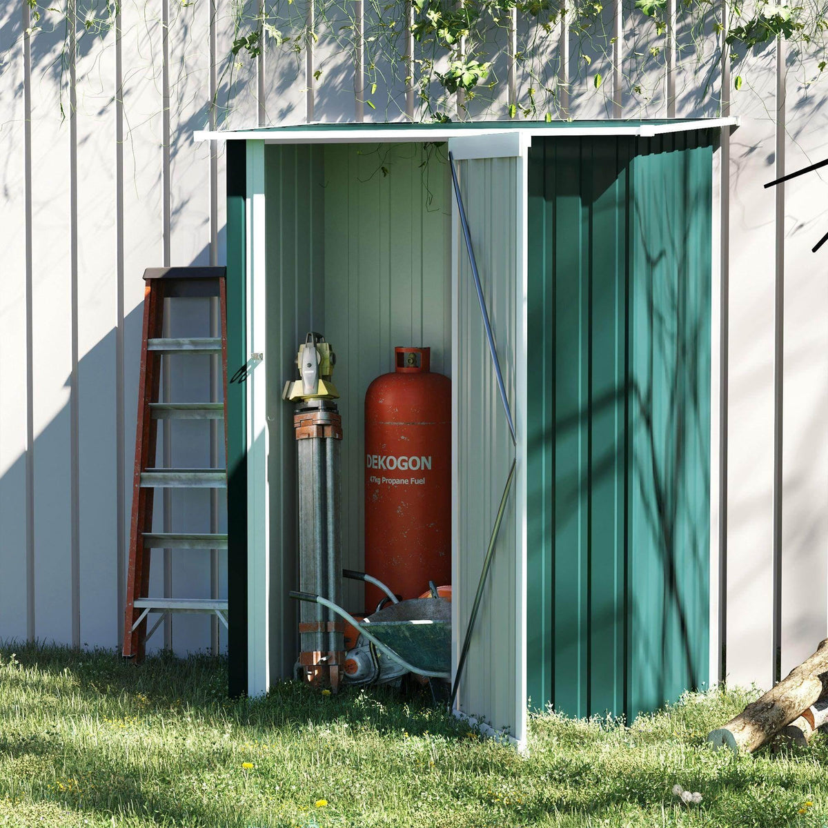 Green steel garden shed with double doors and vertical panel siding