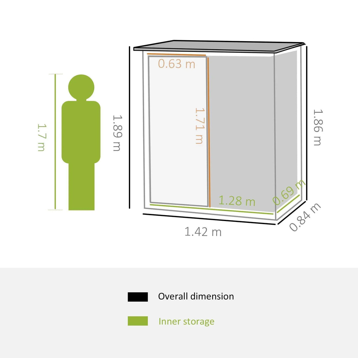 Green metal garden shed diagram showing overall dimensions and door panel layout