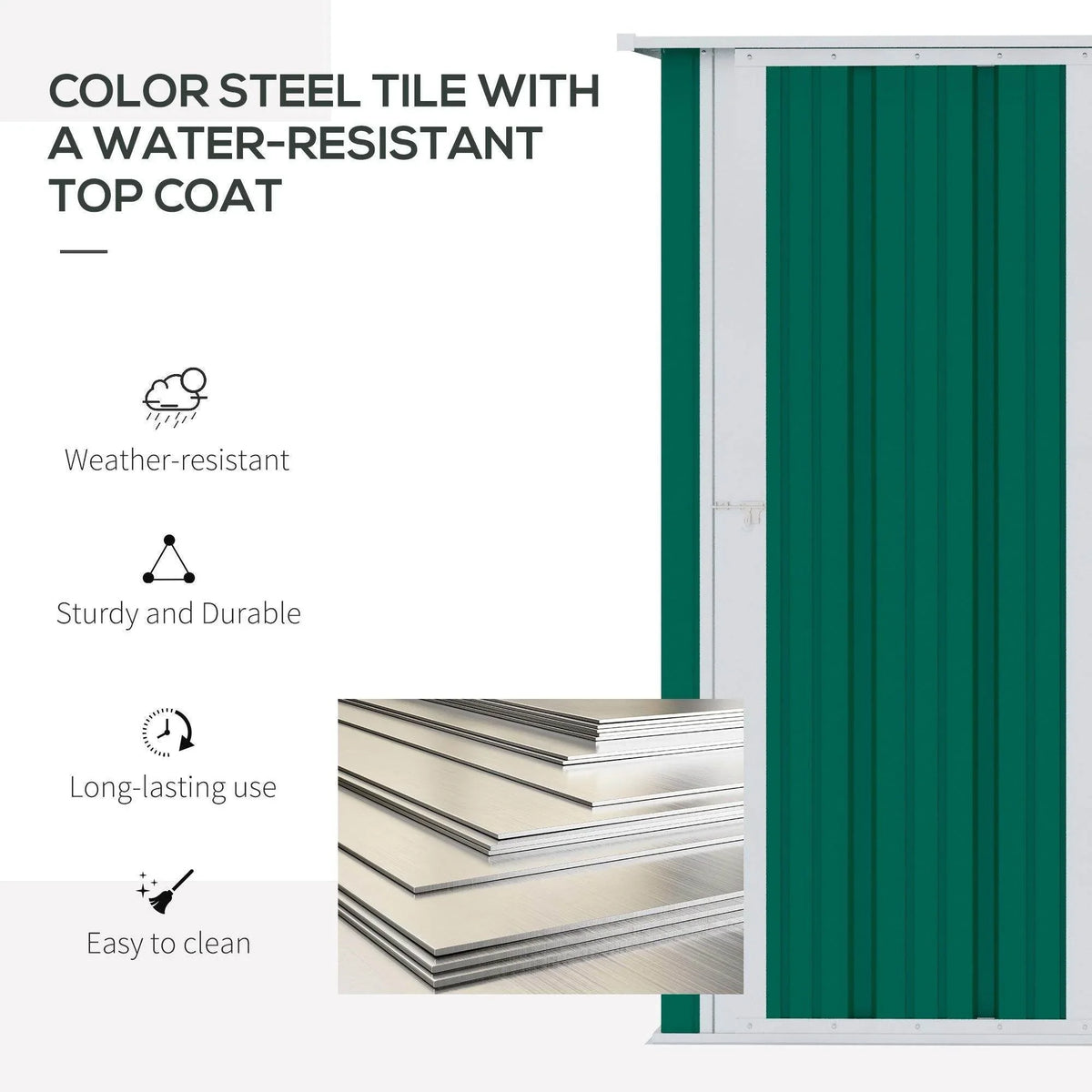 Green steel storage shed with weather-resistant top coat and ridged siding
