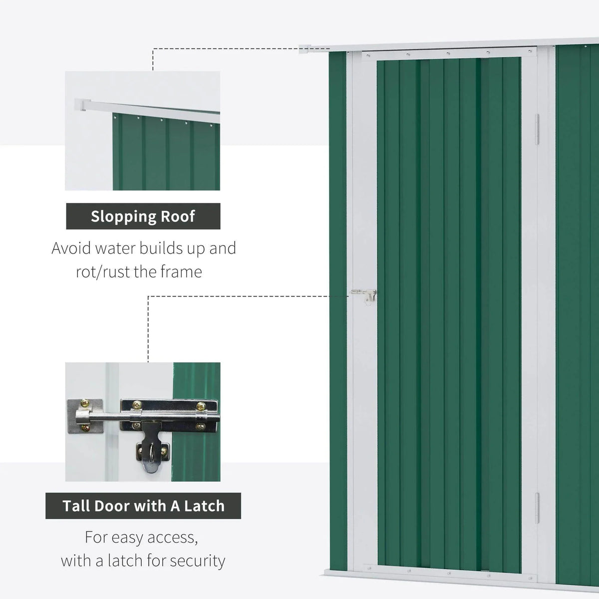 Green steel garden shed with tall latch door and sloped roof design