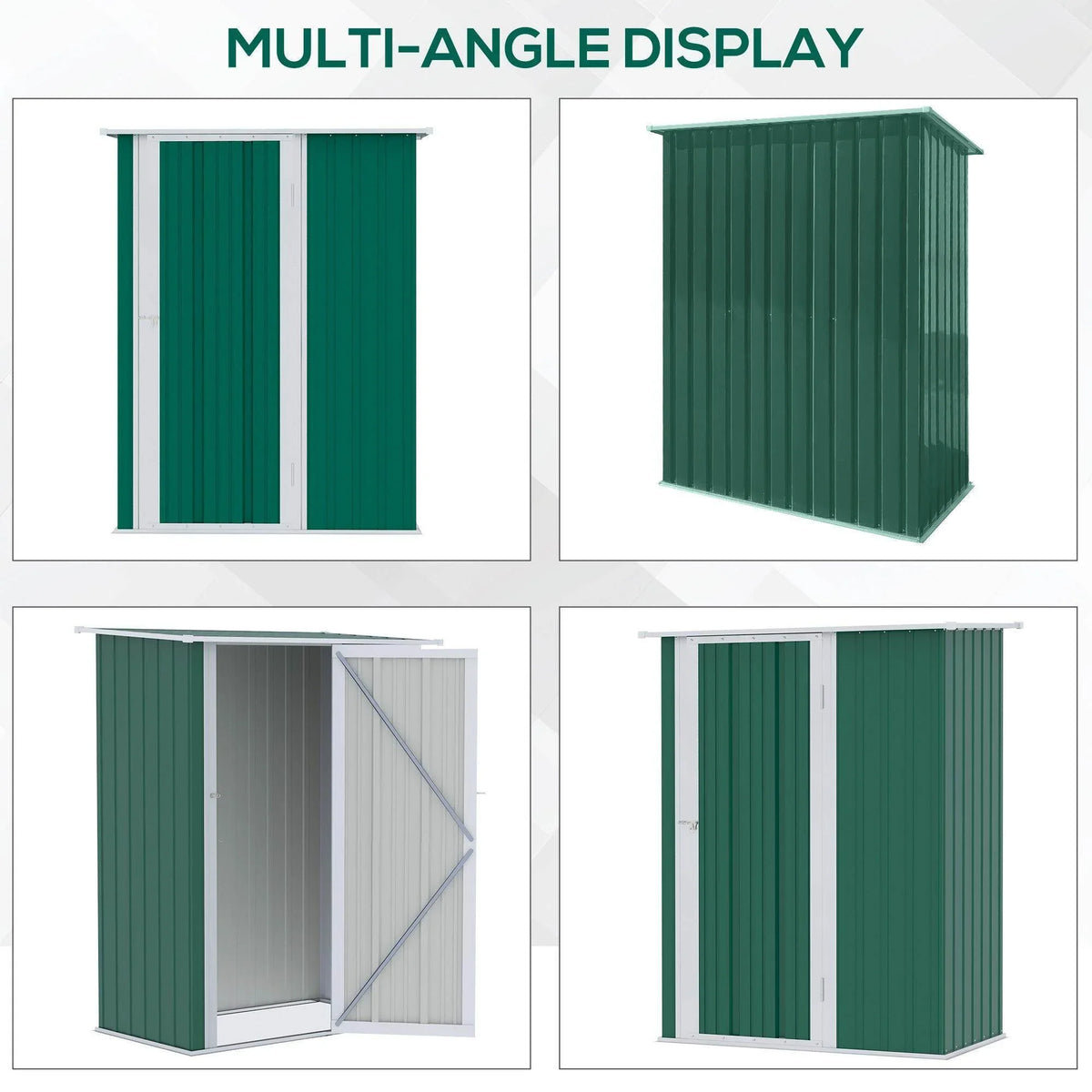 Green metal storage shed, multi-angle view of walls and double hinged doors