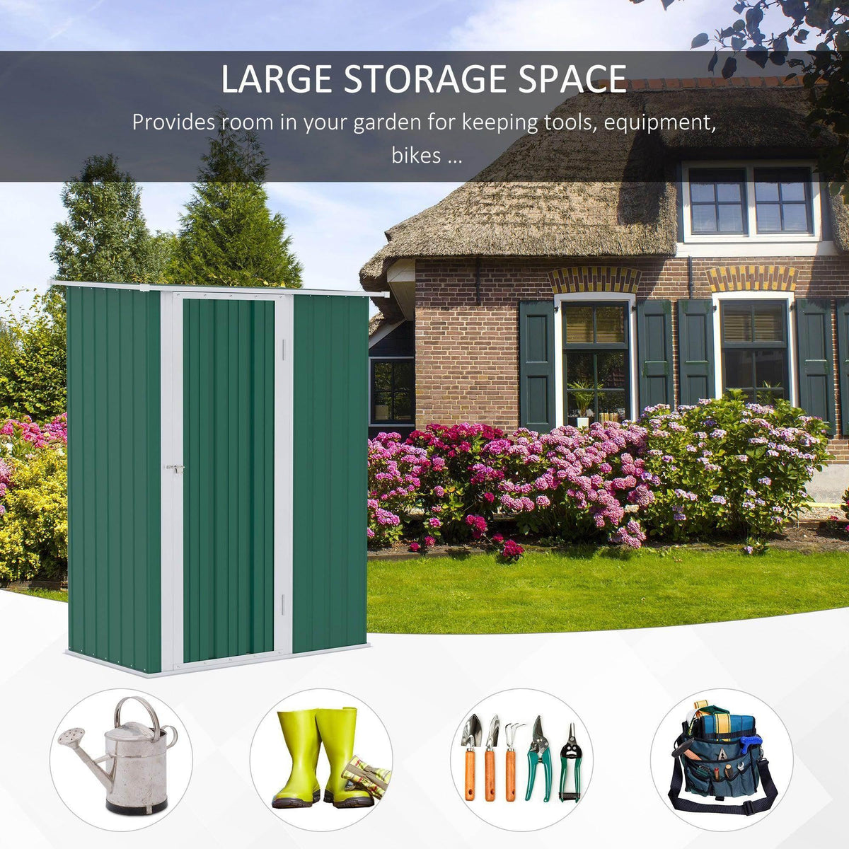 Green double-door outdoor storage shed with side panels for garden tool storage