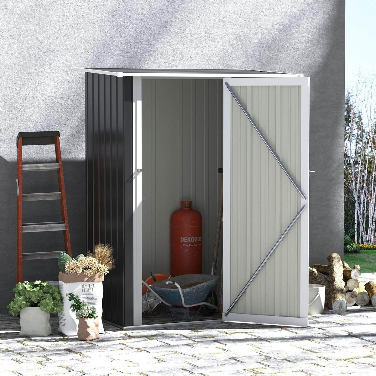 Garden storage shed with open double doors, dark gray vertical panels, light frame