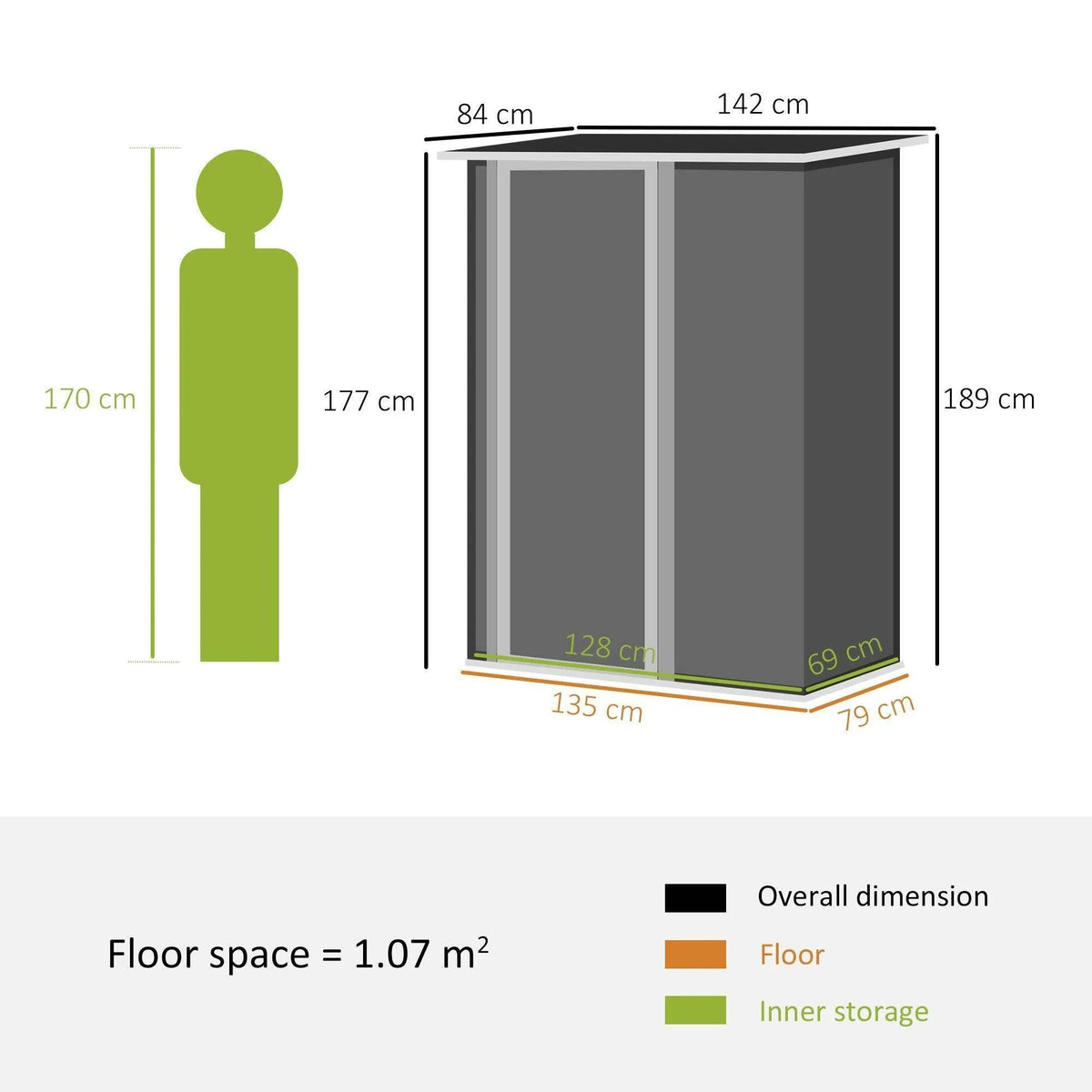 Garden storage shed size diagram with overall dimensions and floor space