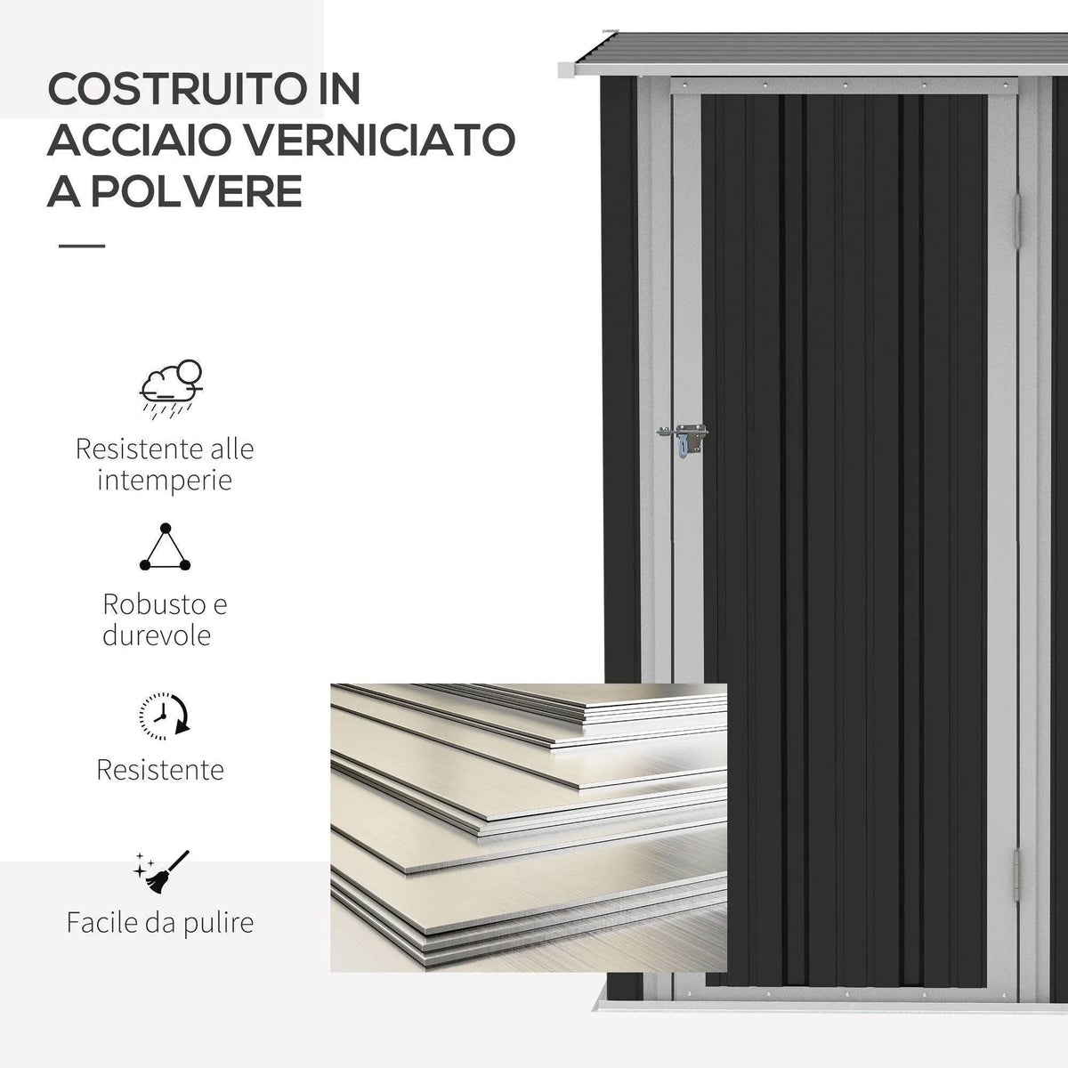 Metal garden storage shed with tall door opening and vertical siding, light gray frame