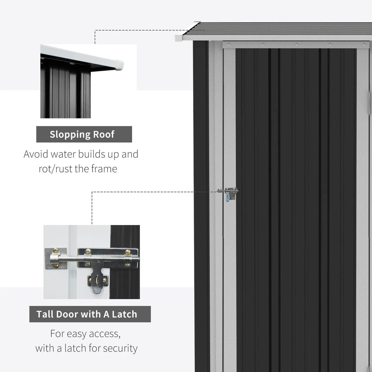 Lean-to metal storage shed with tall door latch and sloped roof overhang