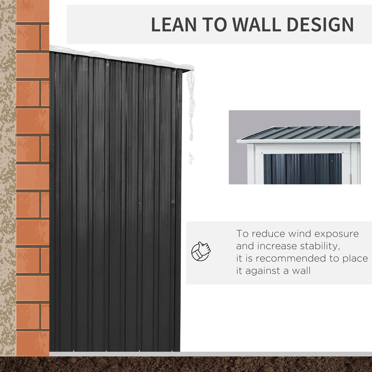 Lean-to garden storage shed with dark gray vertical panels and roof overhang