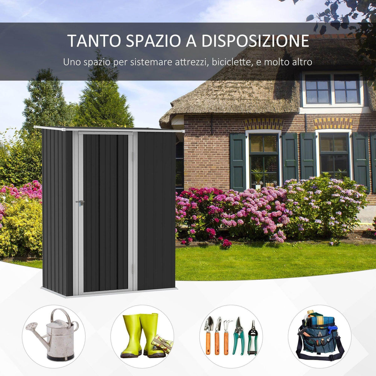 Garden storage shed with closed double doors, dark gray siding and light gray frame
