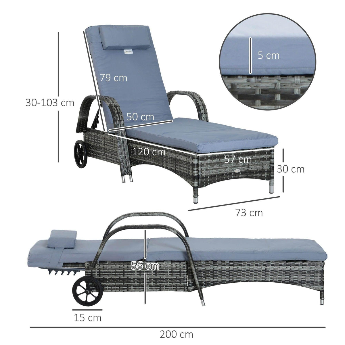 Grey recliner sun lounger bed with woven frame and wheels, with size dimensions.