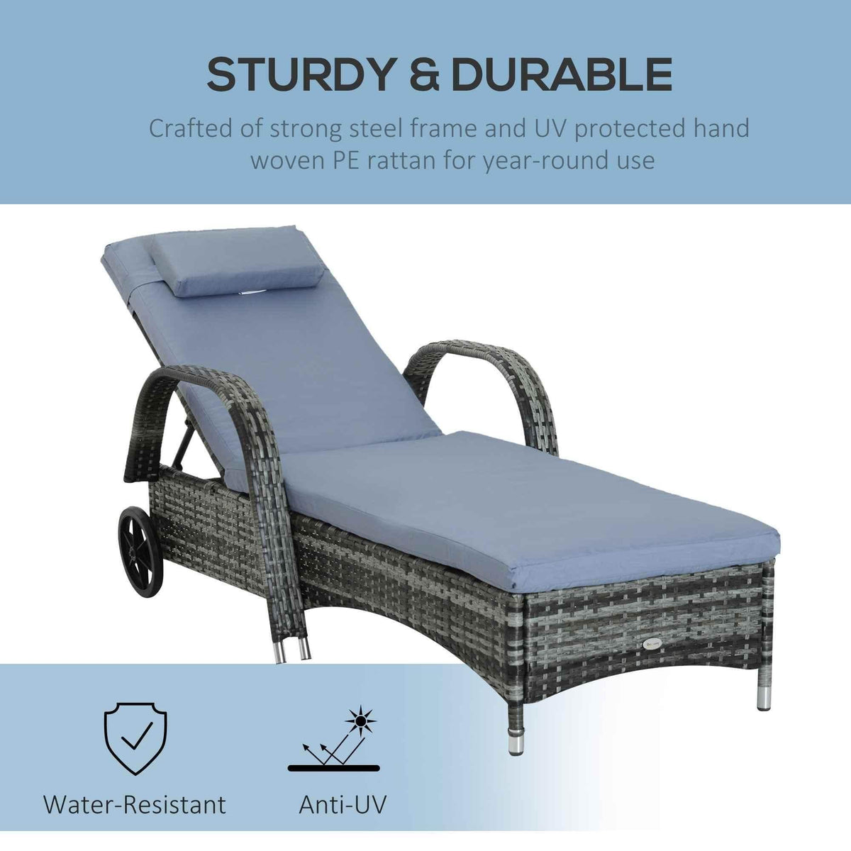 Grey padded lounge recliner with woven rattan-style frame and black wheel supports.