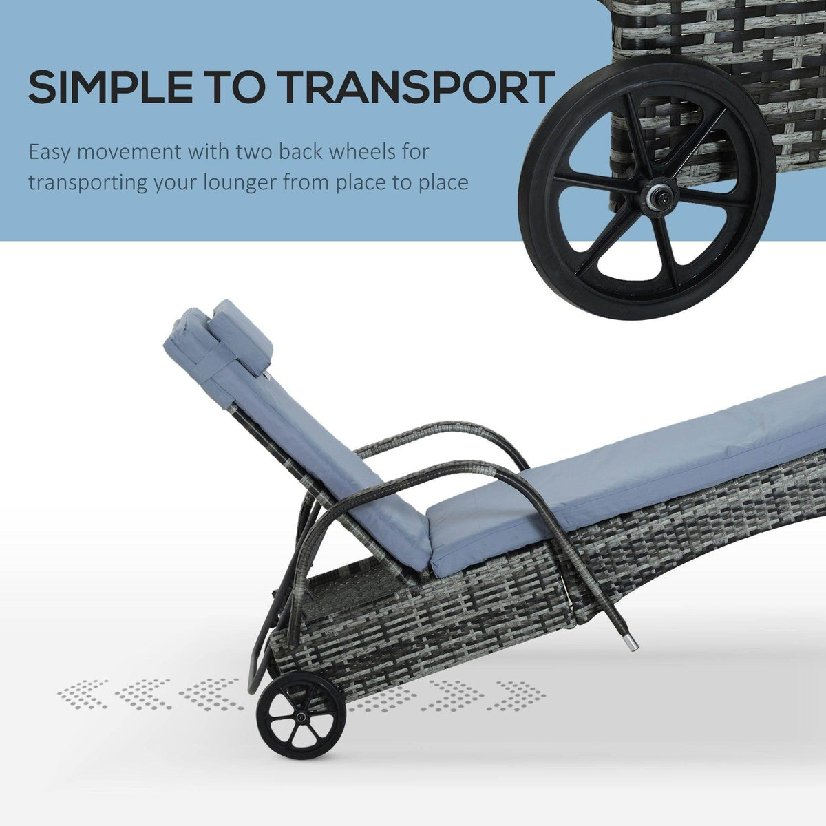 Grey reclining lounger with two back wheels and arched armrests on woven frame.