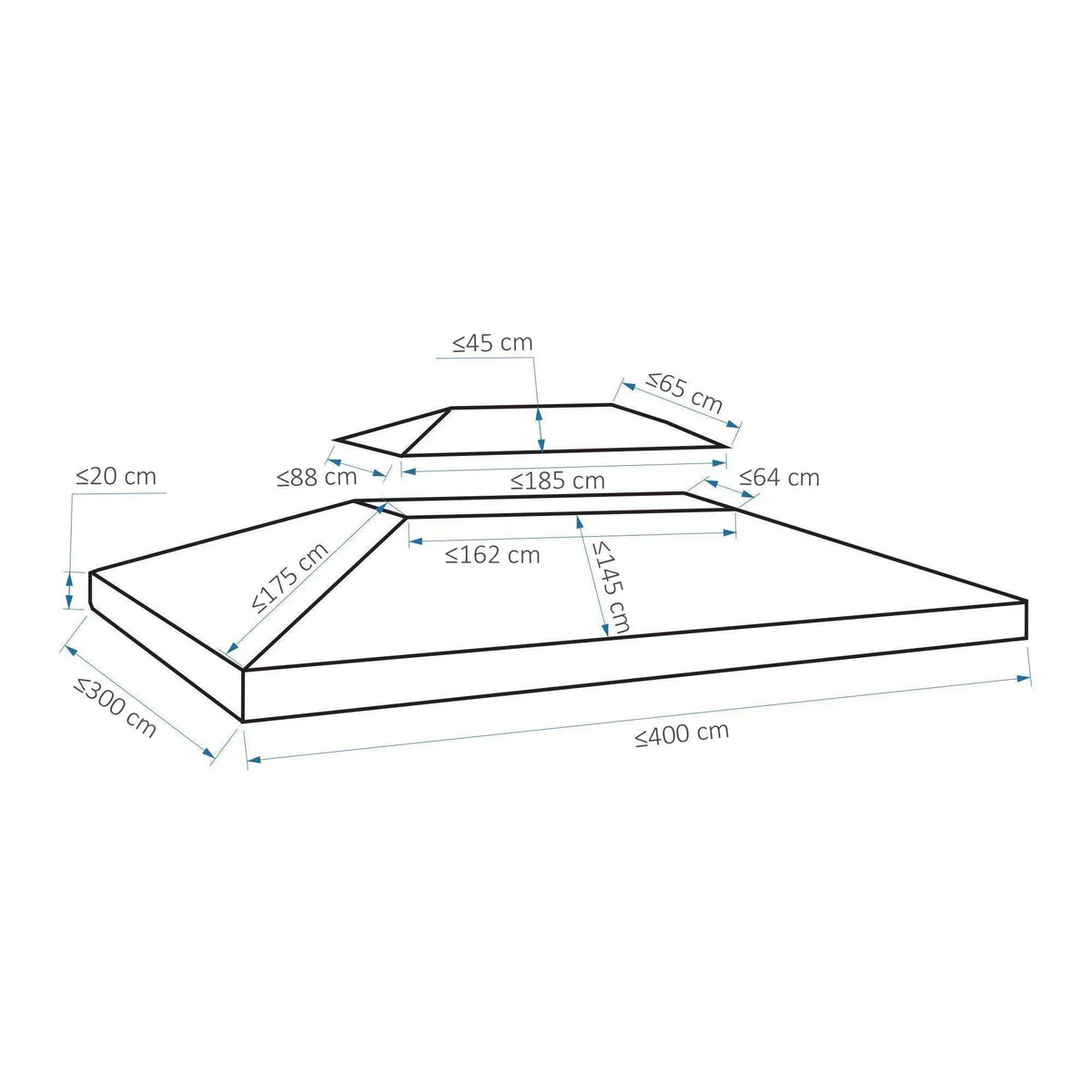 Gazebo canopy top cover size diagram with labeled measurements in cm