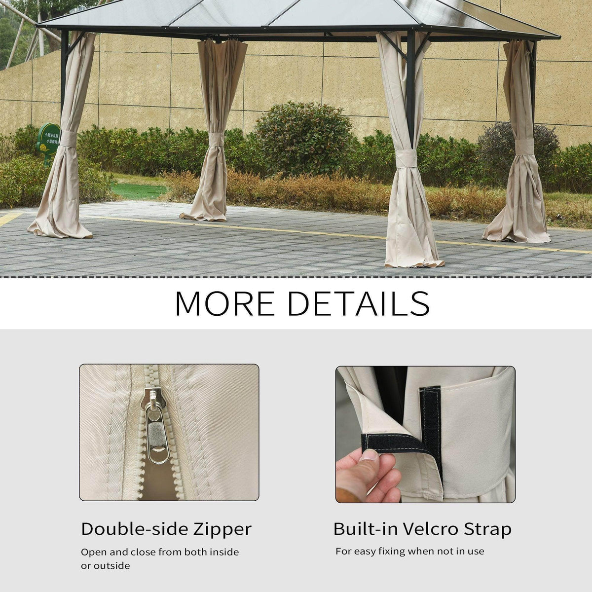 Beige gazebo privacy panel with double-sided zipper and built-in Velcro side strap