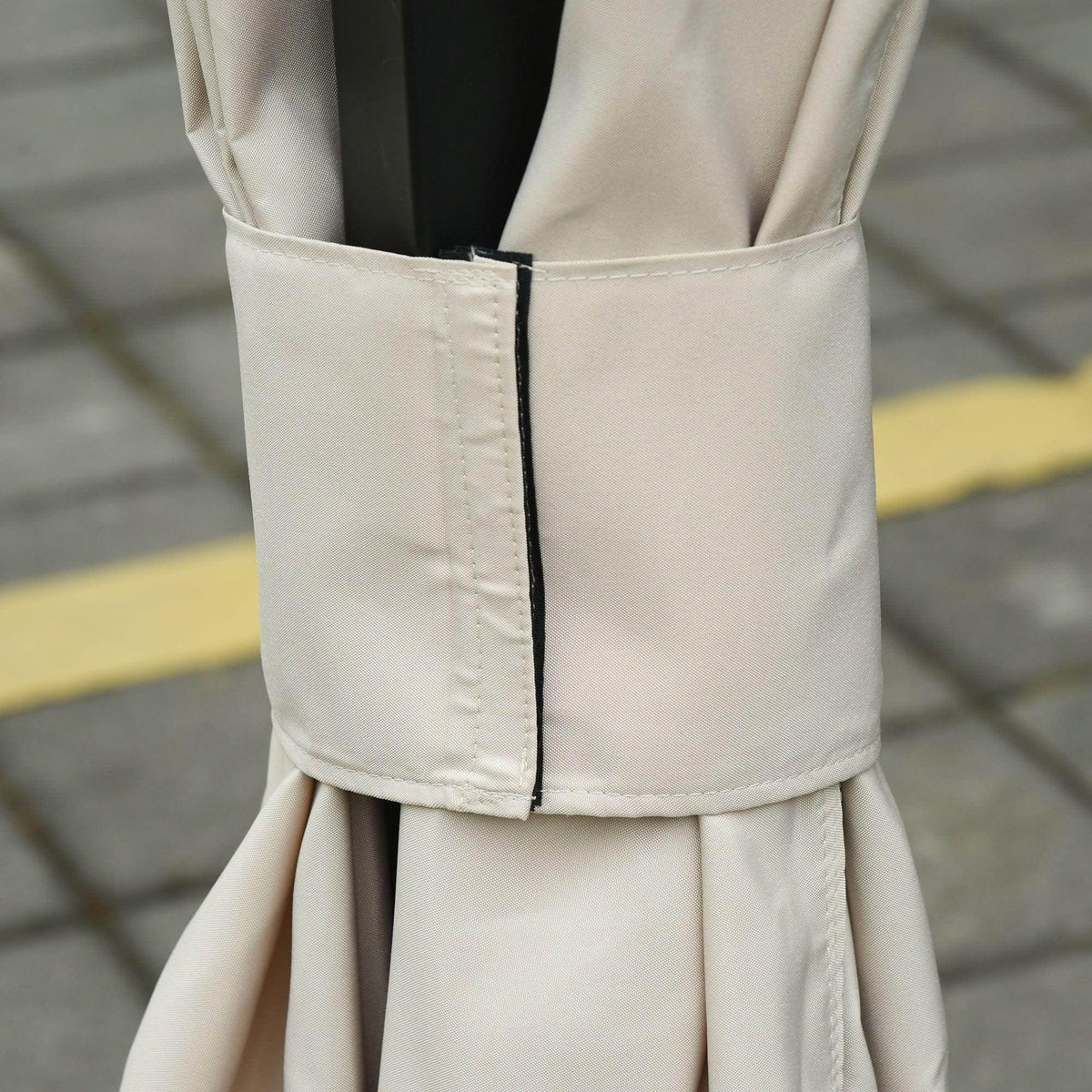 Beige privacy panel side Velcro strap with stitched edge for secure closure
