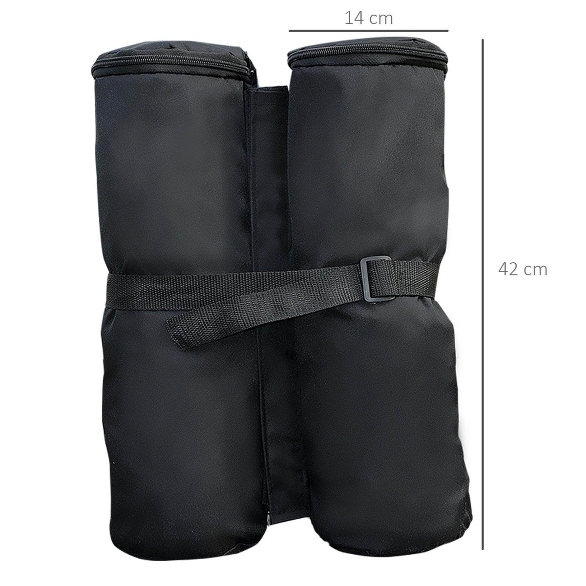 Pair of black gazebo sandbags with webbing strap and zippered tops