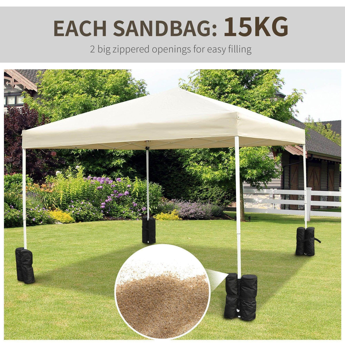 Gazebo sandbag weight set with four black hanging bags on canopy legs