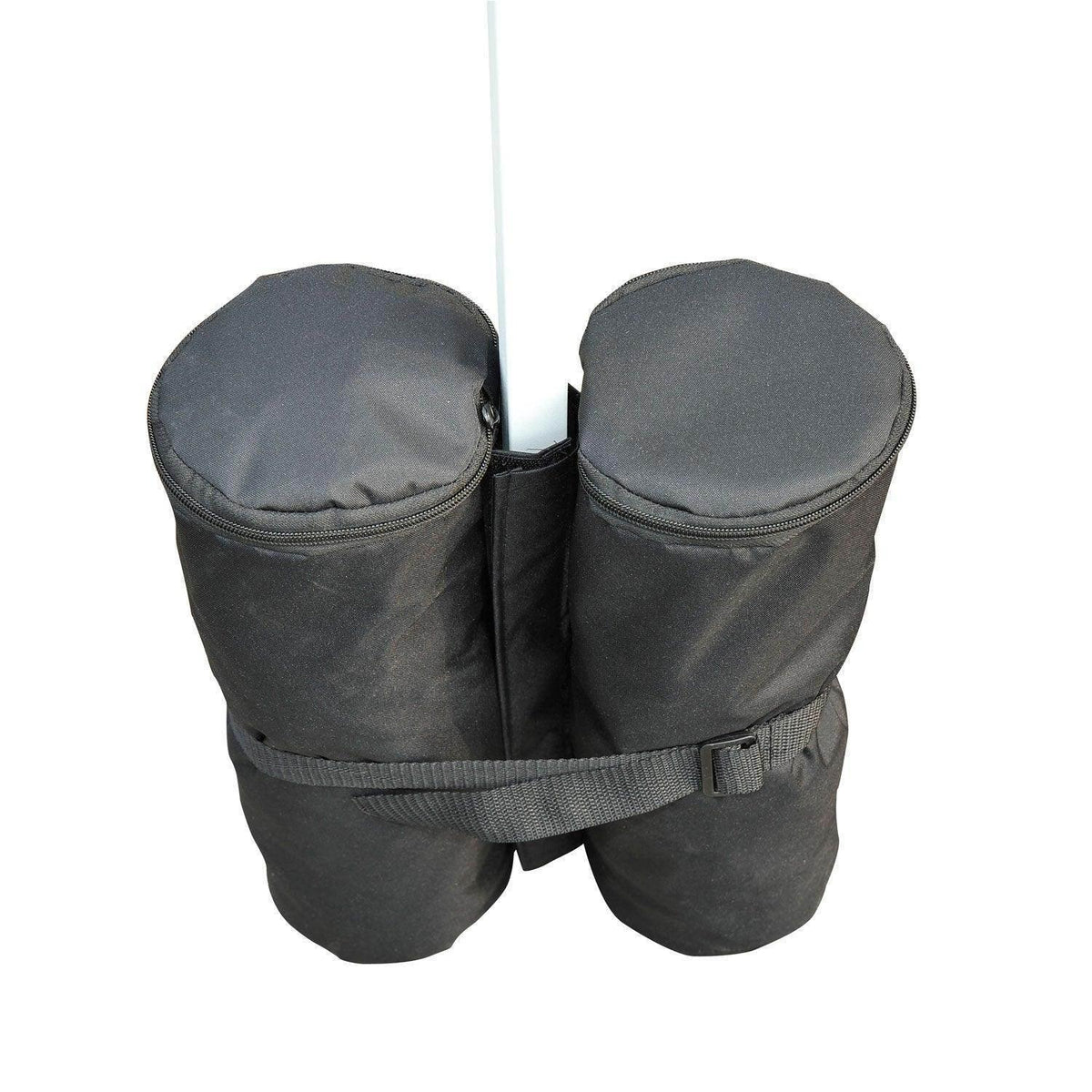 Black double sandbag weights with central webbing strap and zippered tops